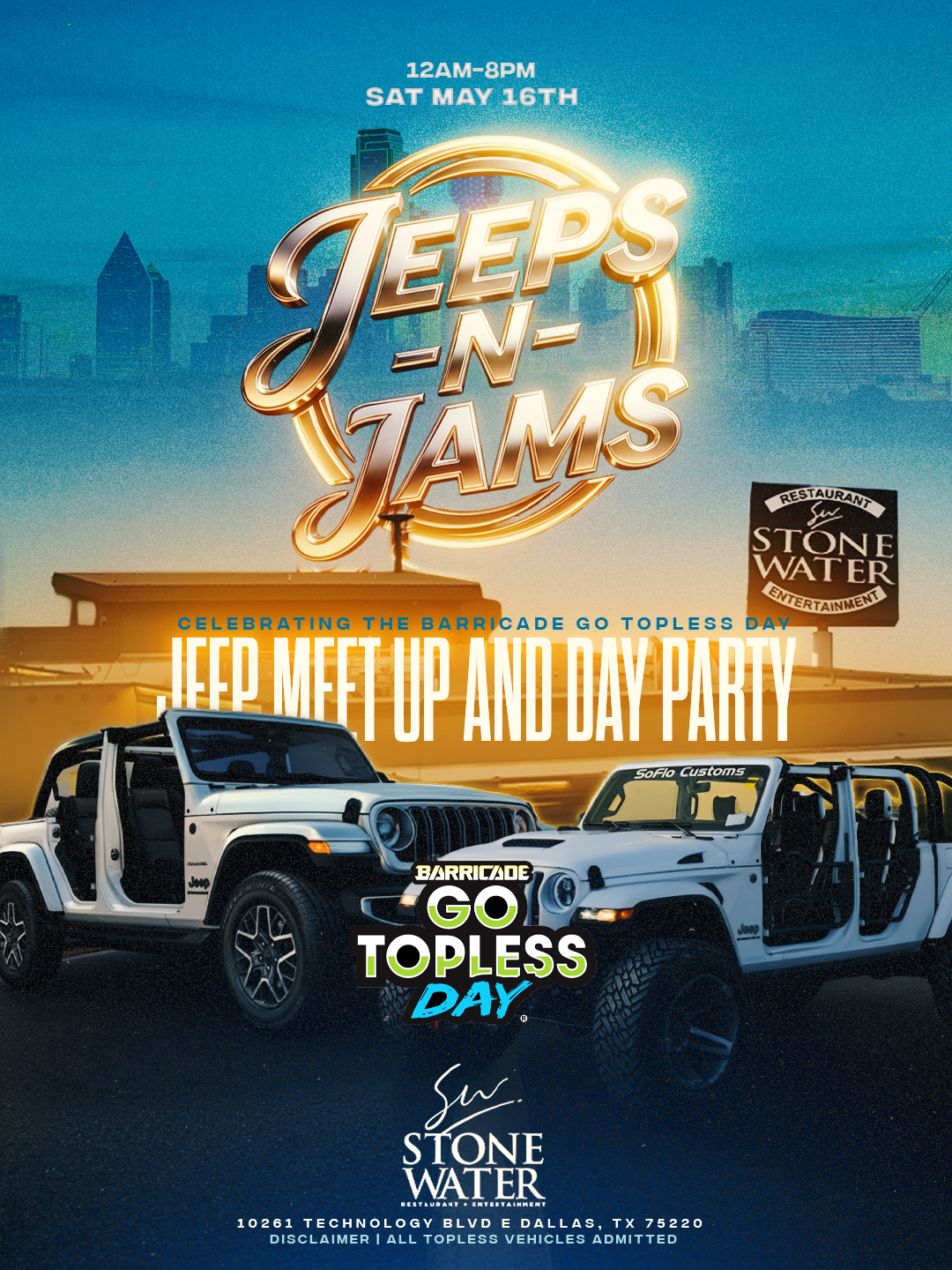 JEEPS-N-JAMS official event flyer — Saturday May 16, Stone Water Dallas