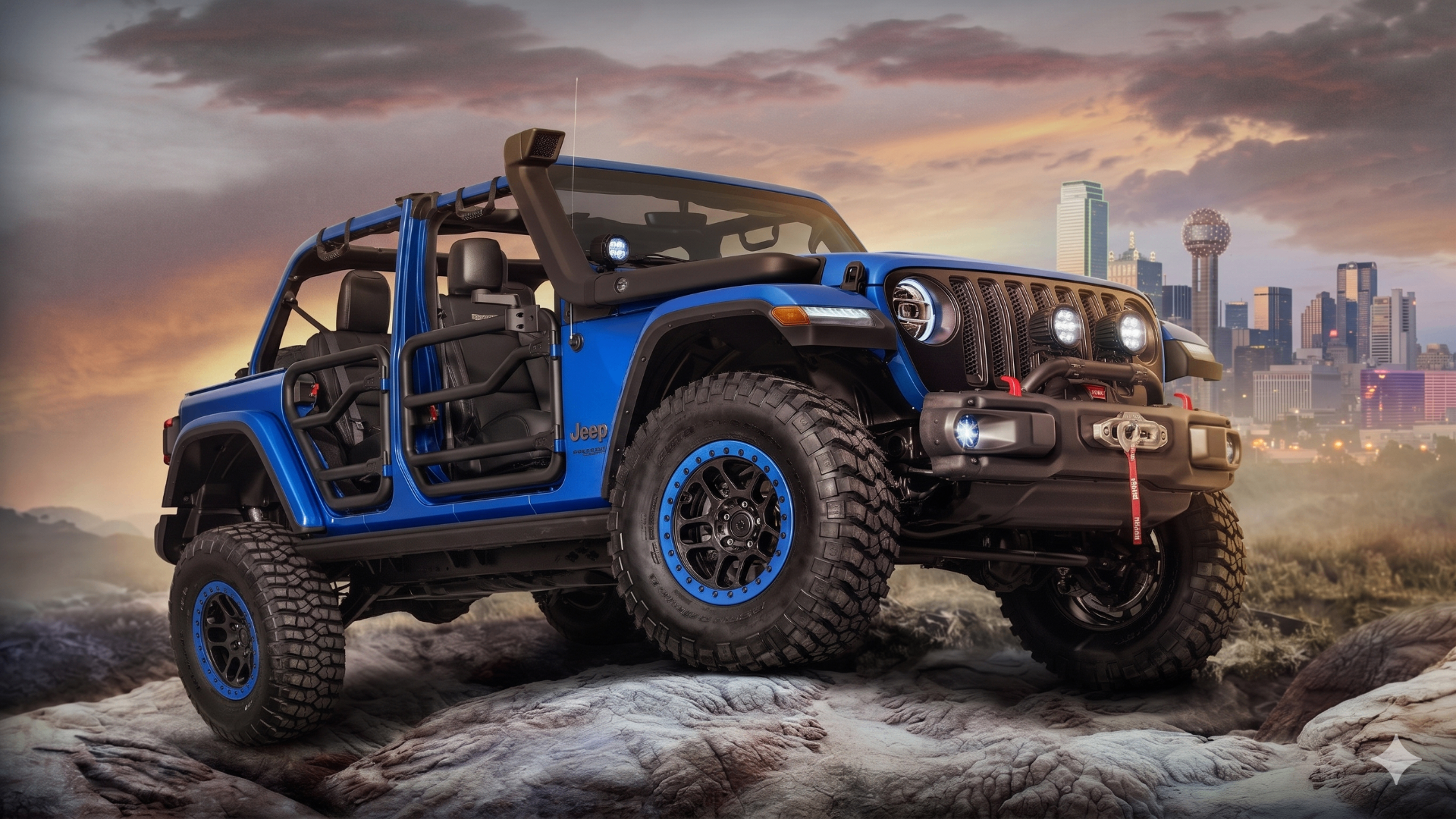 Custom lifted Jeep at sunset in Dallas